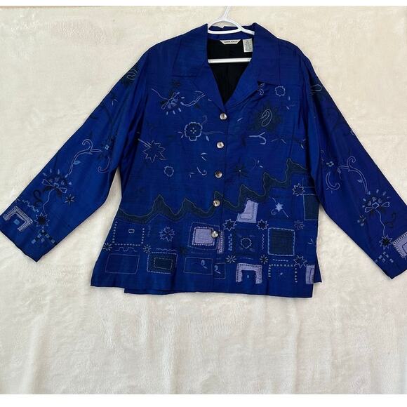 Laura Ashley Blue Geometric Floral  Button Down Silk Top XL - Picture 1 of 8